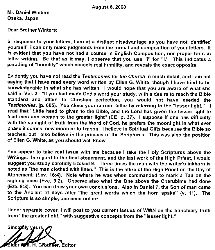 William Grotheer letter to Daniel Winters on August 6